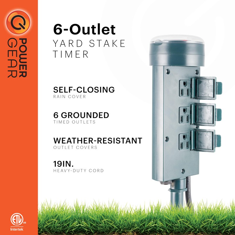PowerGear Outdoor 6 Outlet Mechanical Stake Timer, Easy-to-Set Dial, 30-Minute