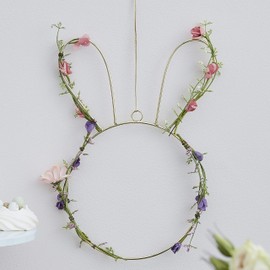 Ginger Ray Easter Bunny Shaped Spring Wreath with Foliage & Pastel Flowers 32cm, Gold
