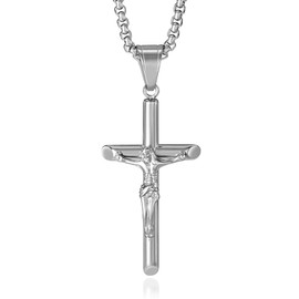 MOOSKI Men's Cross Necklace Jesus Christ Crucifix Gold Silver Plated stainless steel Pendant Necklace Rolo Chain 24" (Silver)