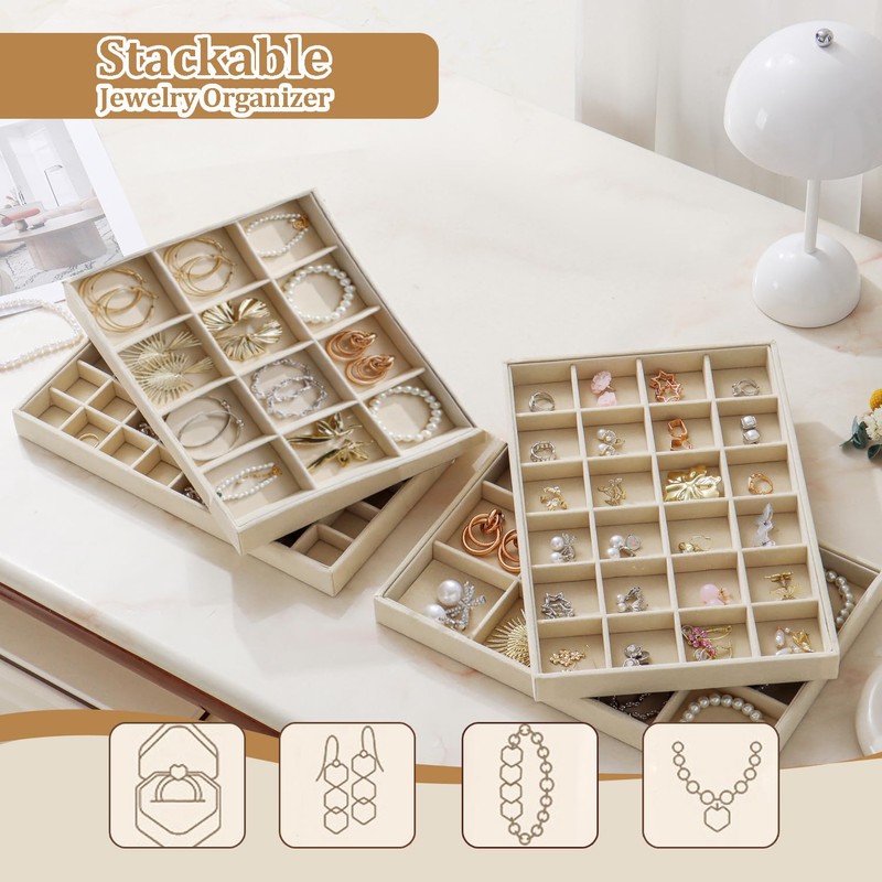 KATISYIO Large Velvet Jewelry Drawer Organizer Trays Set of 4