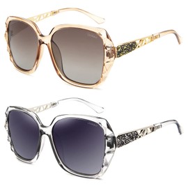 LECKIRUT Oversized Sunglasses for Women Polarized UV Protection Classic Fashion Ladies Shades Coffee & Transparent Gray Lens