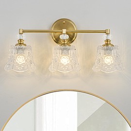 Gold Vintage Bathroom Vanity Light Fixture, 3-Light Bathroom Lighting Gold Finish with Crystal Glass Shade, Retro ‎Brushed Gold Vanity Light for Bathroom