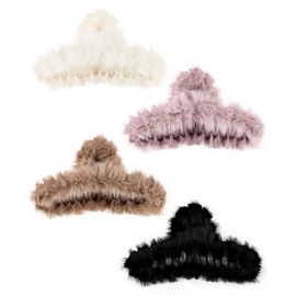 Olldag 4 PACK Large Hair Claw Clips, Faux Fur Plush Hair Catch Barrette Jaw Clamp, Hair Claw Combination for Women Half Bun Hairpins for Thick Hair (4.7 inch)