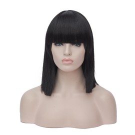 Similler Women Black Bob Synthetic Short Wigs High Temperature Fiber Hair with Fringe/bangs Cosplay Wig Cap 15"