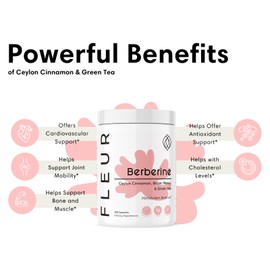 FLEUR Berberine HCL with Organic Cinnamon, Bitter Melon & Green Tea Extract, Supports Heart, Digestive, and Immune System, Vitality Support for Men and Women, Non-GMO & Vegan, 120 Capsules