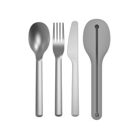 BergHOFF Leo 18/10 Stainless Steel 4Pc Reusable Travel Flatware Set Knife Spoon Fork Sleeve with Silicone Sleeve Dishwasher safe, Grey