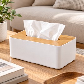 Bamboo Lid Tissue Box Cover for Home & Office – Minimalist White Tissue Holder for Bathroom, Bedroom & Desk Organization