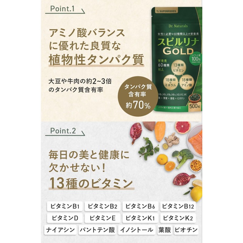 スピルリナゴールド ドクターナチュラルズ ハワイアン スピルリナ サプリ ハワイ産100% 500粒 マルチビタミン 鉄 葉酸