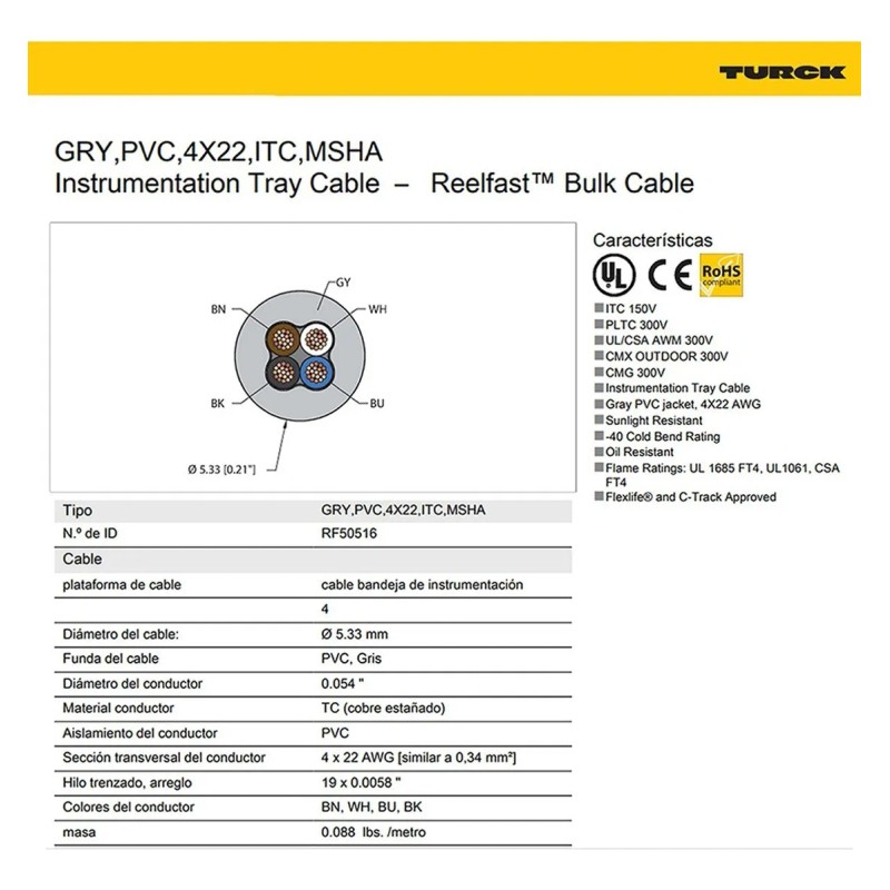 5 Metros Cable De Control 4x22 Awg Para Sensor Pvc
