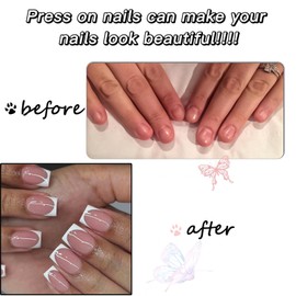 French False Nails Short - 24Pcs White French Fake Nails - Square Press on Nails - Pink White Stick on Nail - Long Lasting False Nail with Glue Removable Art Gifts for Women