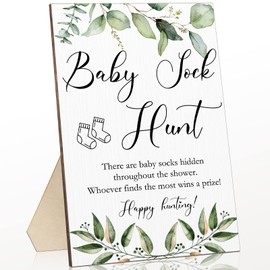 Baby Shower Games Baby Sock Hunt Sign Wooden Tabletop Decor Greenery Gender Reveal Party Supplies Rustic Baby Gift Sets Wooden Baby Shower Favors Baby Socks Game for Boy Girl, 5.12 x 7.87 x 0.2 inch