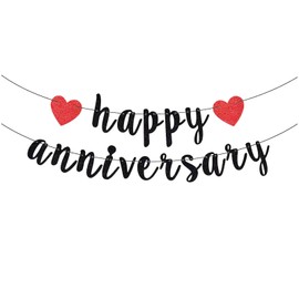 Bliceon Happy Anniversary Banner, Black Glitter Happy Anniversary Banner, Glitter Happy Anniversary Garland, Happy Anniversary Sign for Anniversary Wedding