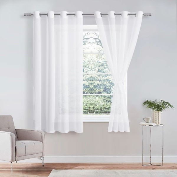 DWCN White Sheer Curtains with Tiebacks Semi Transparent Voile Grommet Curtains Elegant Window Curtains for Bedroom and Living Room,2 Panels,W52 x L63