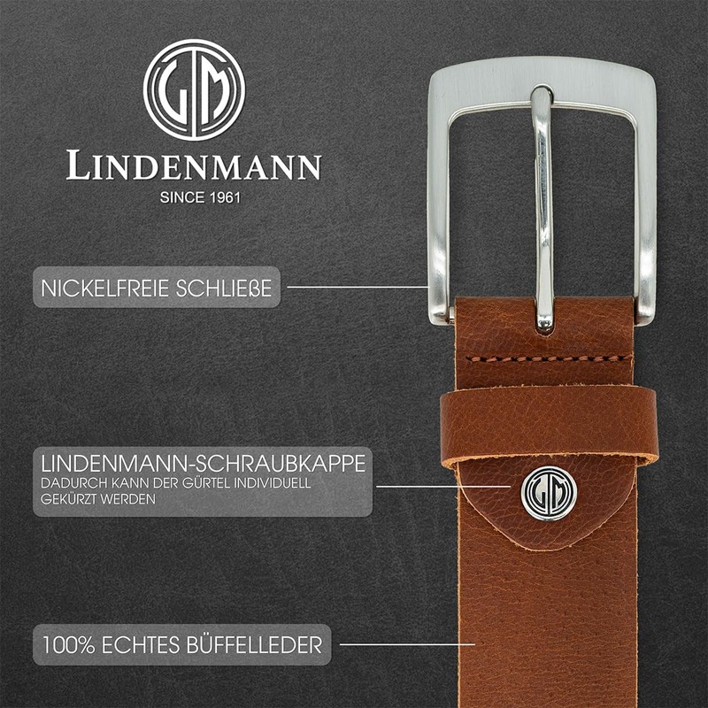 LINDENMANN Men's Leather Belt, Full Cowhide Leather, Buffalo Leather, 4