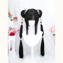 Twin Dumpling Cosplay Wig, Chinese, Lolita Style, Hanging Braid, Black, Harajuku Style, GAL, Cosplay Wig, Gothic, Gothic Lolita, Wig, Halloween, Costume, Princess, Mori Girl, Small Face, Cute Party,