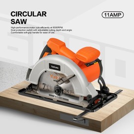 Yunirvana 11 Amp Corded Circular Saw with Circular Saw Blade, 6000RPM, Adjustable Cutting Depth, 7-1/4 Inch Blade, Ideal for Wood and Plastic Cuts, Professional Carpentry Tool for Precision Cutting