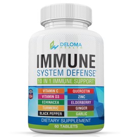 Deloma Health 10 in 1 Immune System Support Supplement - Vitamin C (1000 mg), Quercetin, Vitamin D3 (5000iu), Zinc (40 mg), Elderberry, Echinacea, Turmeric, Ginger, Garlic, Black Pepper