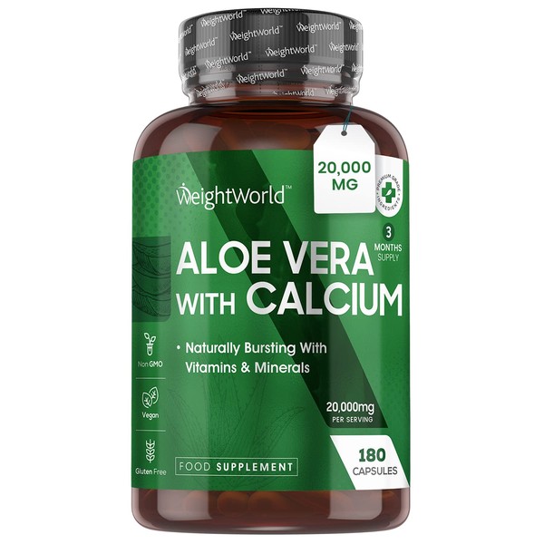 Aloe Vera Capsules High Strength with Calcium - 20,000mg – 3 Month Supply -180 Vegan Natural Aloe Vera Leaves Capsules – Better Alternative to Aloe Vera Tablets – Colon & Gut Health Supplement