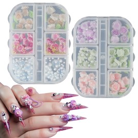 2 Box Flower Nail Charms, 6 Grids 3D Rose Nail Charms for Women Nail Decoration Valentine's Day Wedding Party DIY Craft Supplies (6 Colors)