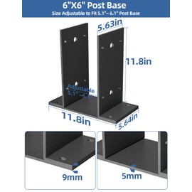 6x6 Post Base 1 Pcs,Heavy Duty Detachable Post Bracket with Adjustable Inner Size (5.6" x 5.1"-6.1"), Rust-Proof Powder-Coated Thick Post Anchor for Deck Railing, Fences, Mailboxes, Pavilions