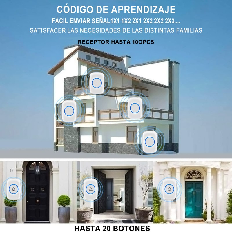Timbre Inalámbrico para Puerta Exteriores, Botón Impermeable, Rango de Trabajo
