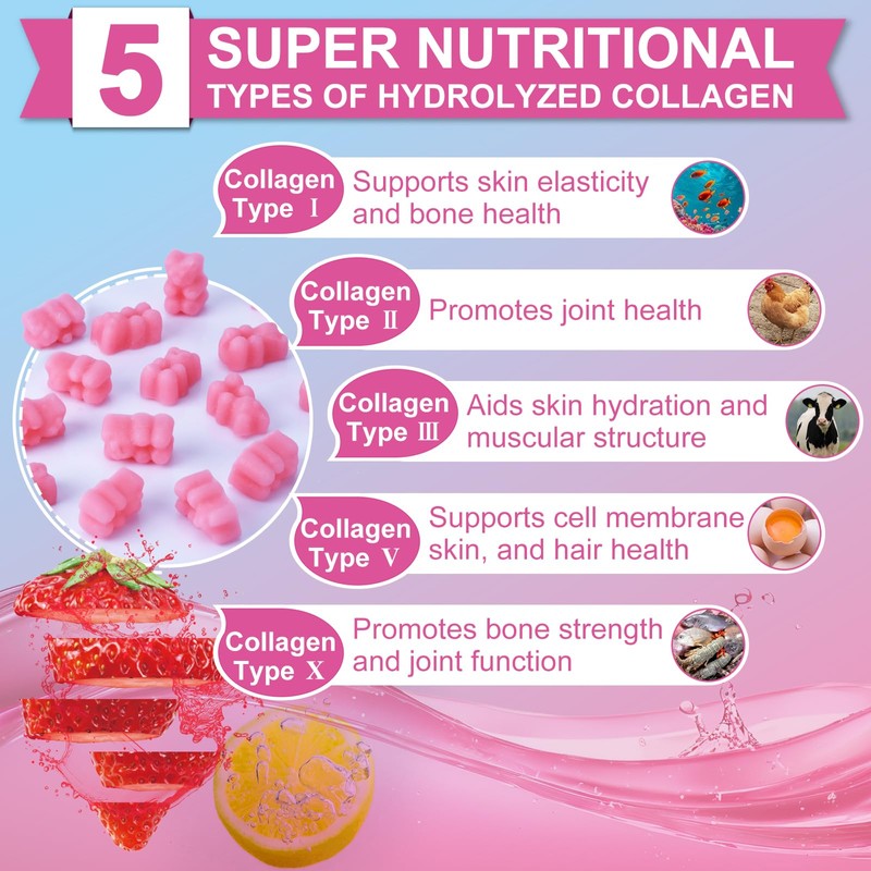 Multi Collagen Peptides Gummies, Type I, II, III, V, X