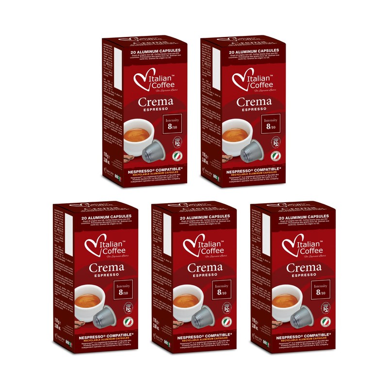 Nespresso compatible capsules Italian Coffee Espresso pods (Crema, 100 Aluminium
