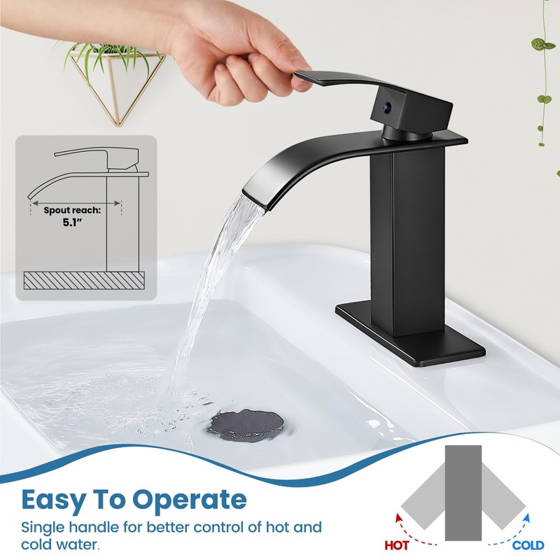 Airuida Matte Black Waterfall Bathroom Faucet, Single Handle Single Hole