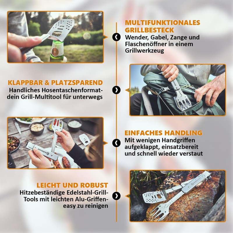 BURNHARD 4-in-1 Barbecue Utensils Multitool Including Barbecue Turner, Grill Fork,
