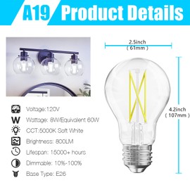 DAYBETTER 24 Pack A19 Vintage LED Edison Bulbs, 60W Equivalent Dimmable LED Bulbs, High Brightness 5000K Daylight, 800 Lumens, 8W E26 Standard Base, Ultra-Bright, CRI80+, Clear Glass Filament Bulb