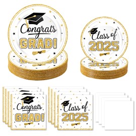 320Pcs Graduation Table Decorations Party Supplies - White Gold Graduation Plates and Napkins Class of 2025 Disposable Dinnerware Set for College High School Congrats Graduation Party Favors, Serve 80