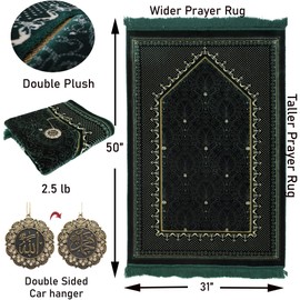Modefa Turkish Islamic Velvet Prayer Rug - Thick & Wide Soft Praying Carpet for Men & Women - Large Traditional Muslim Salah Mat - Ramadan & Eid Gift - with Car Hanger - Double Plush Topkapi (Green)