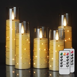 Wondise Flameless Flickering Candles with Embedded Star String Remote and Timer Battery Operated Flickering LED Candles Durable Acrylic Shell Pillar Candles for Christamas Home Decoration (5pack