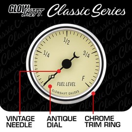 GlowShift Classic Series Adjustable Fuel Level Gauge Kit - for Gas & Diesel Fuel - Includes Wiring Harnesses - Antique White Dial - White LED - Vintage Style Design - 2-1/16" (52mm) Diameter