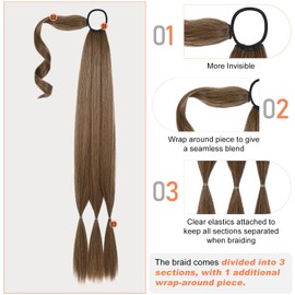 SEIKEA Upgraded Long Braid Ponytail Extension with Elastic Tie Straight Sleek Wrap Around Braid Hair Extensions Ponytail Dark Ash Blonde with Highlights 20 Inch (After Braided 16 Inch) 110 Gram