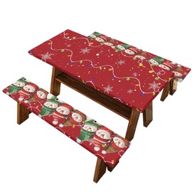 Mintulipy 3 PCS Fitted Picnic Table Cover with Bench Cover Fitted Rectangle Tables and Seats Christmas Lights Snowmen Outdoor Picnic Table Cover for Camping