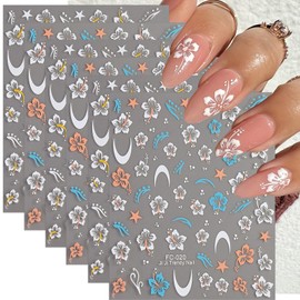 Flower Nail Stickers Fall Nail Decals 6PCS 3D Self-Adhesive White Yellow Blue Orange Floral Nail Design Autumn Nail Art Supplies DIY Acrylic Nail Art Decorations Accessories Flowers Sticker for Women