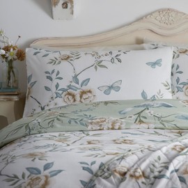 Dreams & Drapes - Garden Flower, Butterfly & Bird Duvet Cover - Single Bedding Size Reversible Design (2 Colours) - Easy Care & Washable - Vintage Bedding in Sage - White/Sage Green Floral Duvet