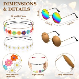 Kenning 8 Pcs Hippie Costume Set 60s 70s Party Accessories Hippie Set Including Round Sunglasses Elastic Rhinestone Headband (Vivid)