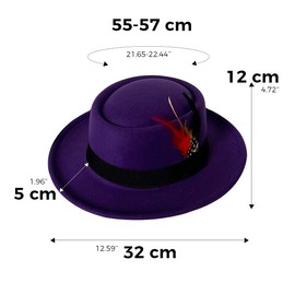 Punctualgood Wool Felt Fedora Hats for Women Men, Wide Brim Flat Top Hat, Jazz Hat with Feather Unisex (US, Alpha, One Size, Purple)