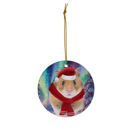 Funny Syrian Hamster Christmas Ornament 2025 Ceramic Circle White - Festive Winter Northern Lights Holiday Xmas Tree Hanging Decoration Gifts for Hamster Lovers