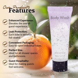 NISGUR Leak-Proof Travel Size Body Wash 1 Oz Each Pack of 200 Bulk Pack Santal and Orange Scent Hotel Body Wash Amenities and Toilteries for Hospitality
