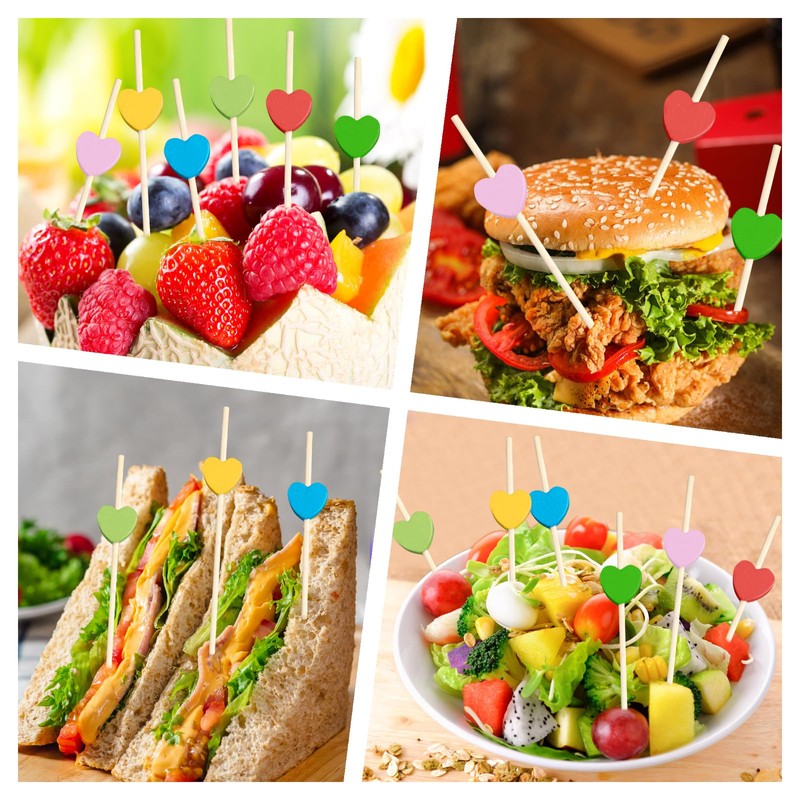 200 PCS Cocktail Sticks, Bamboo Sticks with Coloured Hearts, Bamboo