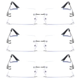 V.W.E. 3 Pairs Men Metal Fully Rimless Rectangular Reading Glasses - 140mm Width Modern Classy Clear Lens Reader (3 Silver, 1.25, diopters)