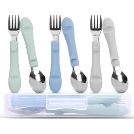 Bakpoco 6PCS Toddler Utensils, 316 Stainless Steel Baby Safe Forks + Spoons with Silicone Handle, BPA Free Dishwasher Safe Kids Silverware Cutlery with Box, Sage/Blue/Gray