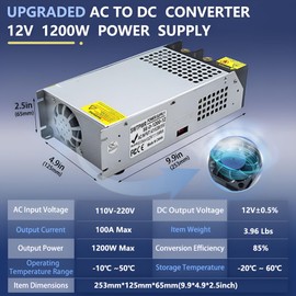 New Upgraded DIY SMPS 110V 230V AC to DC 12V 100A 1200W Power Supply Adapter,Converter Power Supply,DC 12V Voltage Transformer for Motor Pump CCTV 3D Printer Air Compressor Led (12V-100A-1200W, DC12V)