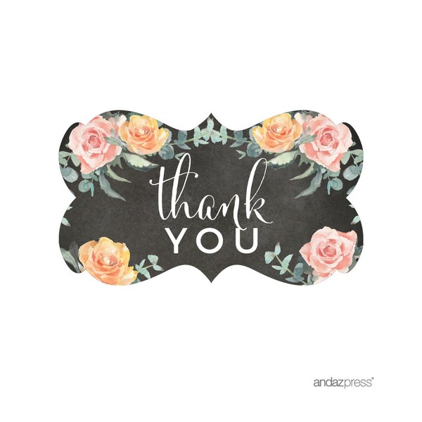 Andaz Press Peach Chalkboard Floral Garden Party Baby Shower Collection, Fancy Frame Label Stickers, Thank You, 36-Pack