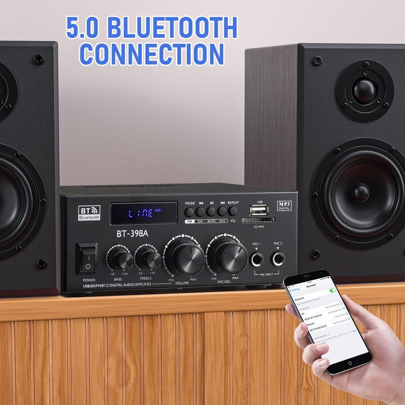 Facmogu BT-398A Stereo Digital Audio Amplifier, Max 450Wx2 HiFi Sound