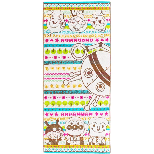 Kusuhashi Crest Weave Face Towel, Jacquard Towel, Anpanman Shimajaran, Multicolor, Approx. 29.9 x 13.4 inches (76 x 34 cm)