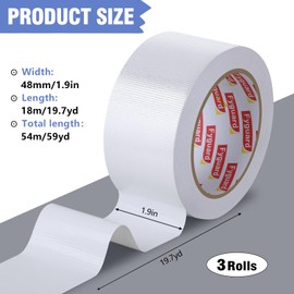 Fyguard 3 Rolls White Duct Tape, 48mm x 54m Gaffa Tape 210μ Waterproof Tape Repair Tape Universal for Inside & Outside Repairing Fastening Bundling (18m/Roll)